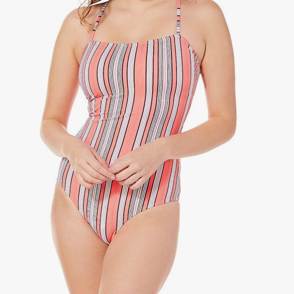 Coral/Orange striped high cut One Piece Swimsuit Large, strappy back